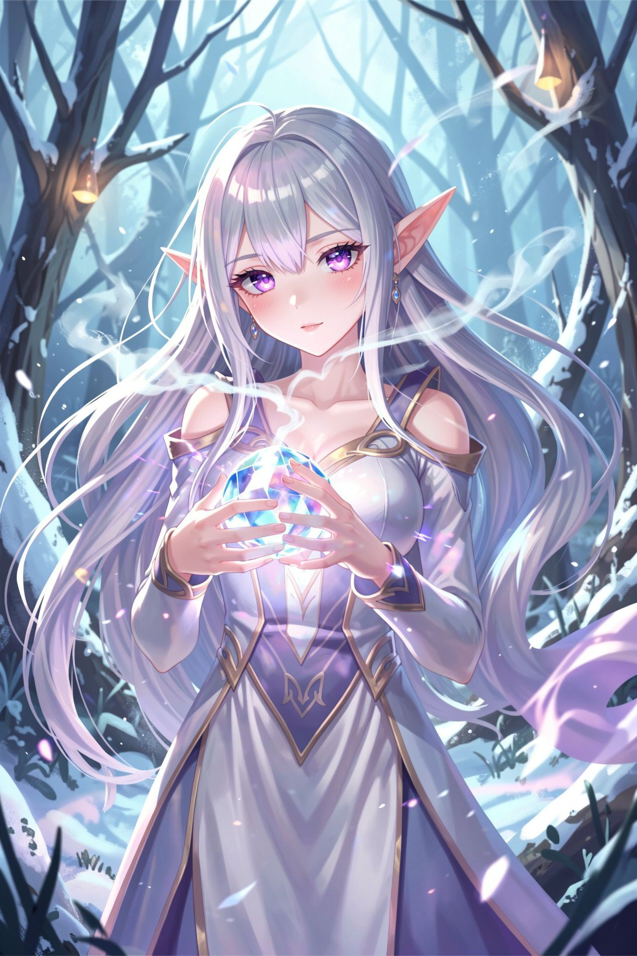 A delicate elven maiden with silver hair and luminous violet eyes stands poised in a frost-kissed enchanted forest, her breath visible in the crisp air as she gently cradles a glowing crystal orb. ...