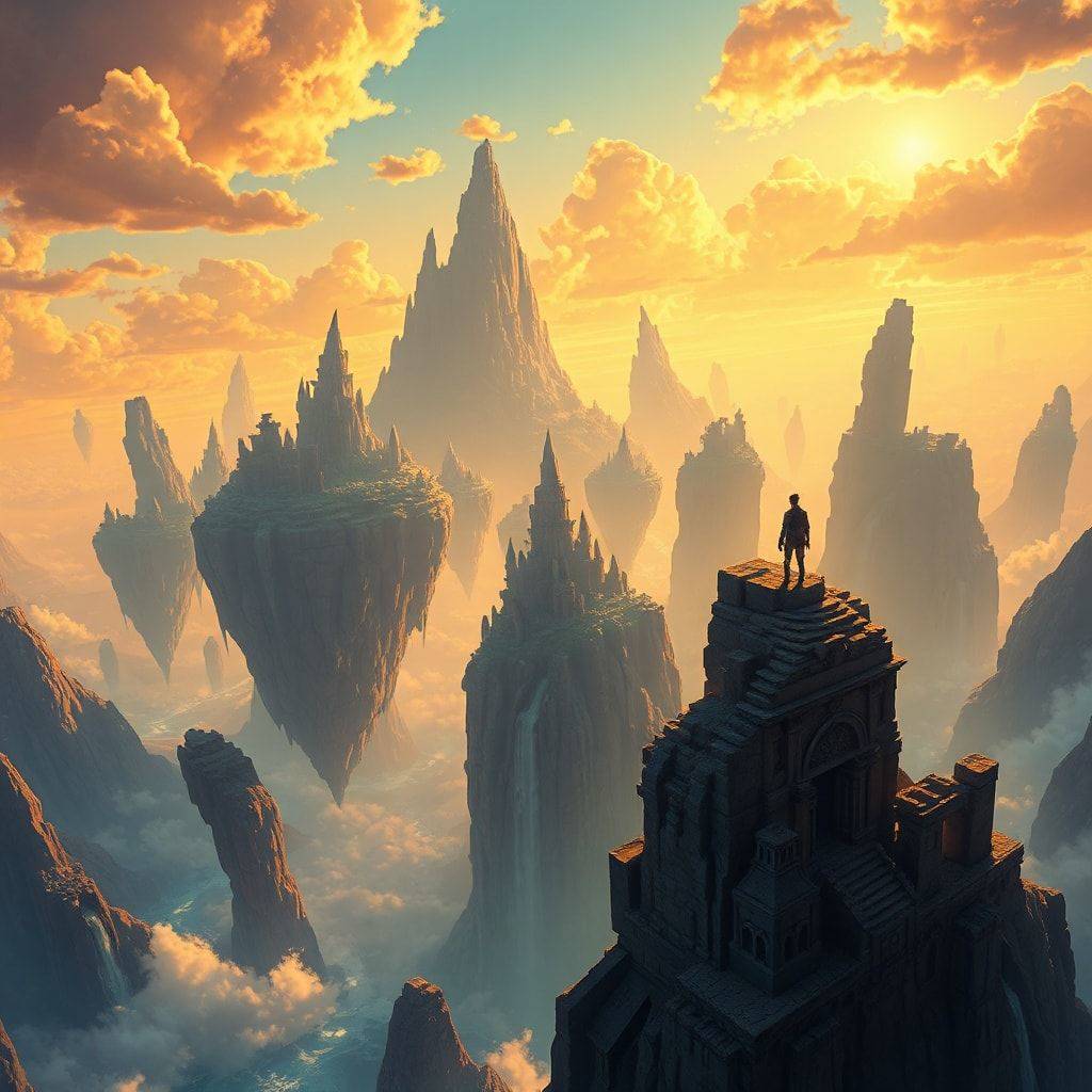 A vast expanse of floating islands drifts through a golden twilight sky, their jagged cliffs adorned with ancient ruins and cascading waterfalls. A lone adventurer stands atop the highest peak, sil...
