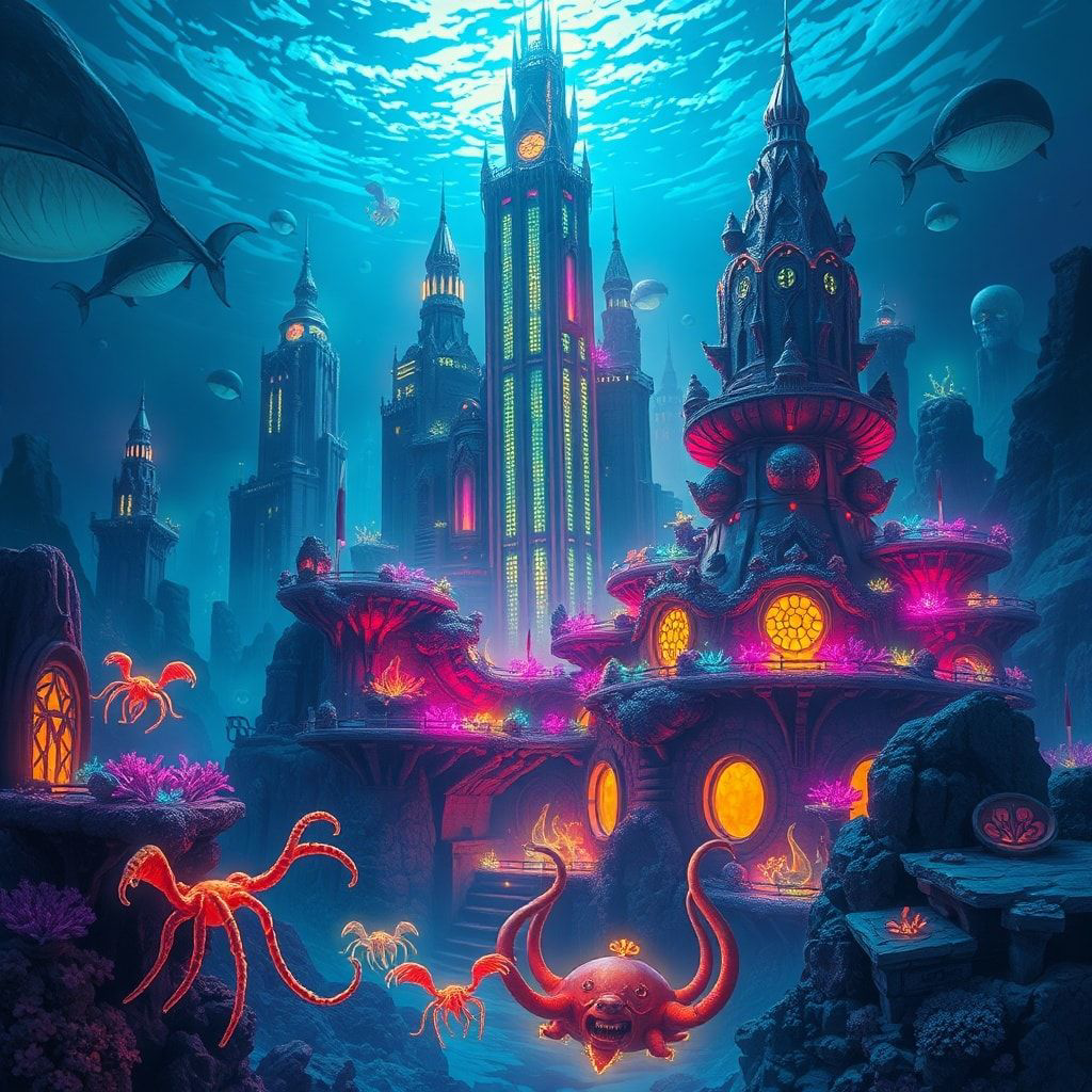 A neon-lit underwater city bathed in eerie bioluminescent glow, towering coral skyscrapers casting jagged shadows, mysterious creatures with glowing tendrils drifting through the murky depths, high...