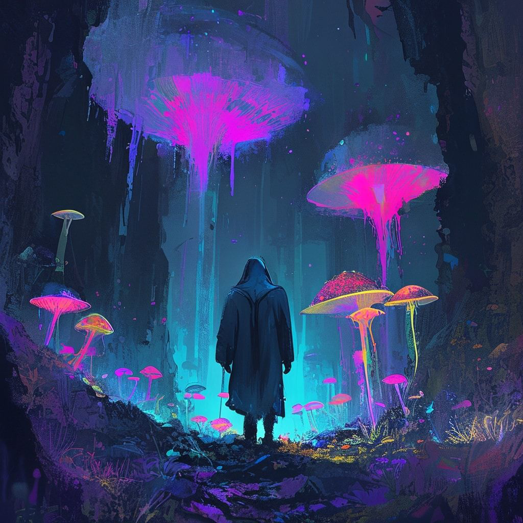 bioluminescent fungi pulse in the ruins below. A lone, hooded figure stands..