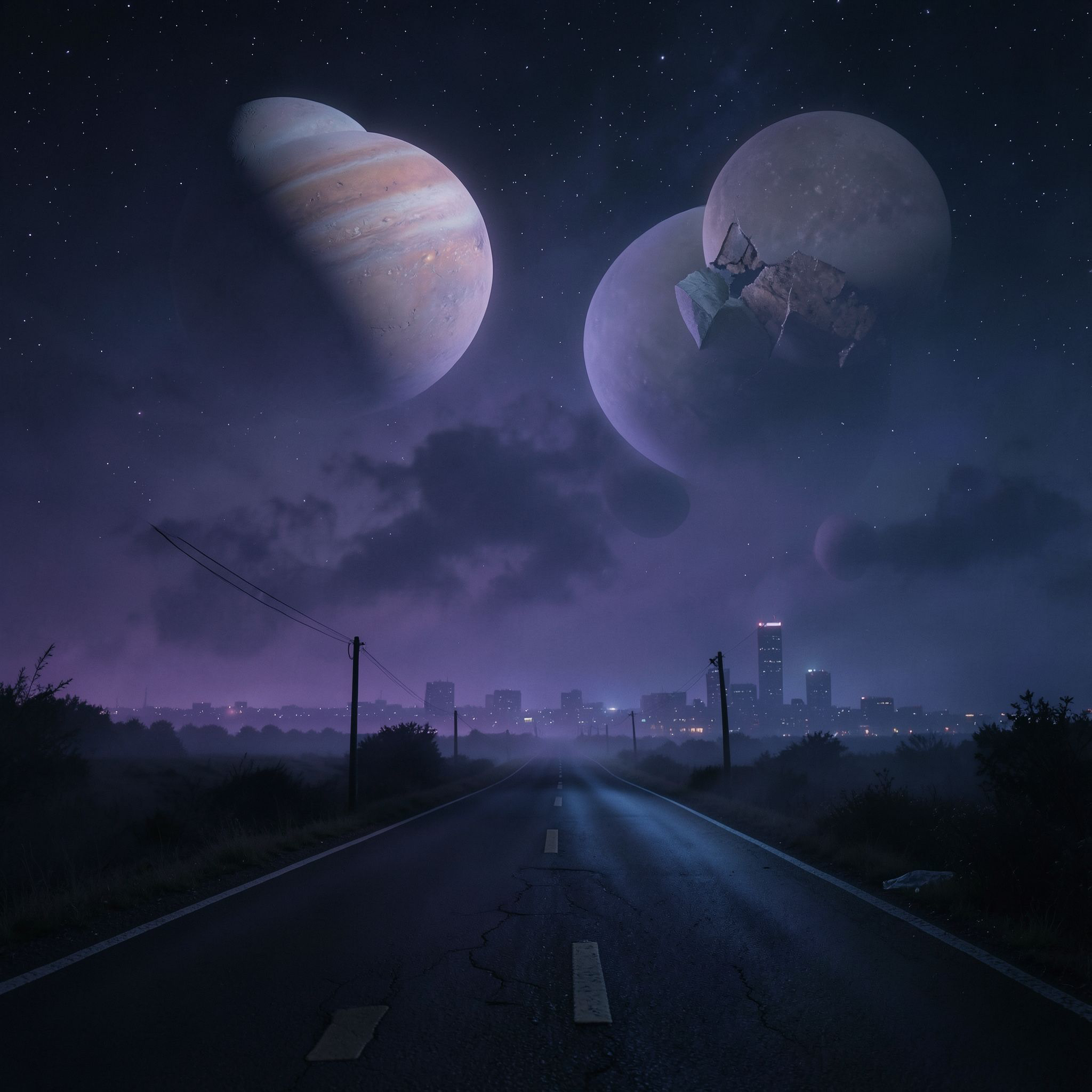 A dark, cinematic synthwave scene where a lonely night road fades into an otherworldly cosmic landscape. The city feels distant and abstract, barely visible through deep violet and blue mist. Above the horizon, massive planets and fractured moons glow softly, suspended in the dark sky like ancient celestial beings.