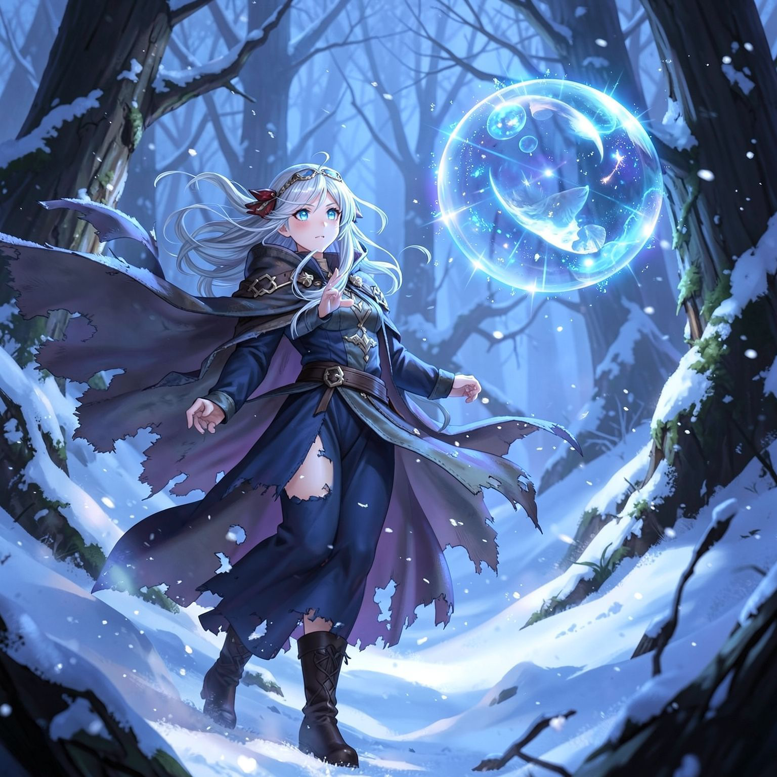 A mystical young woman with silver hair and glowing blue eyes stands amidst an ancient, snow-laden forest, her tattered cloak billowing in the icy wind as she gazes at a floating orb of ethereal li...