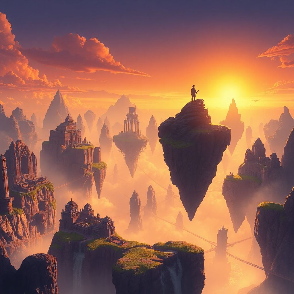 A vast expanse of floating islands drifts through a golden twilight sky, their jagged cliffs adorned with ancient ruins and cascading waterfalls. A lone adventurer stands atop the highest peak, sil...
