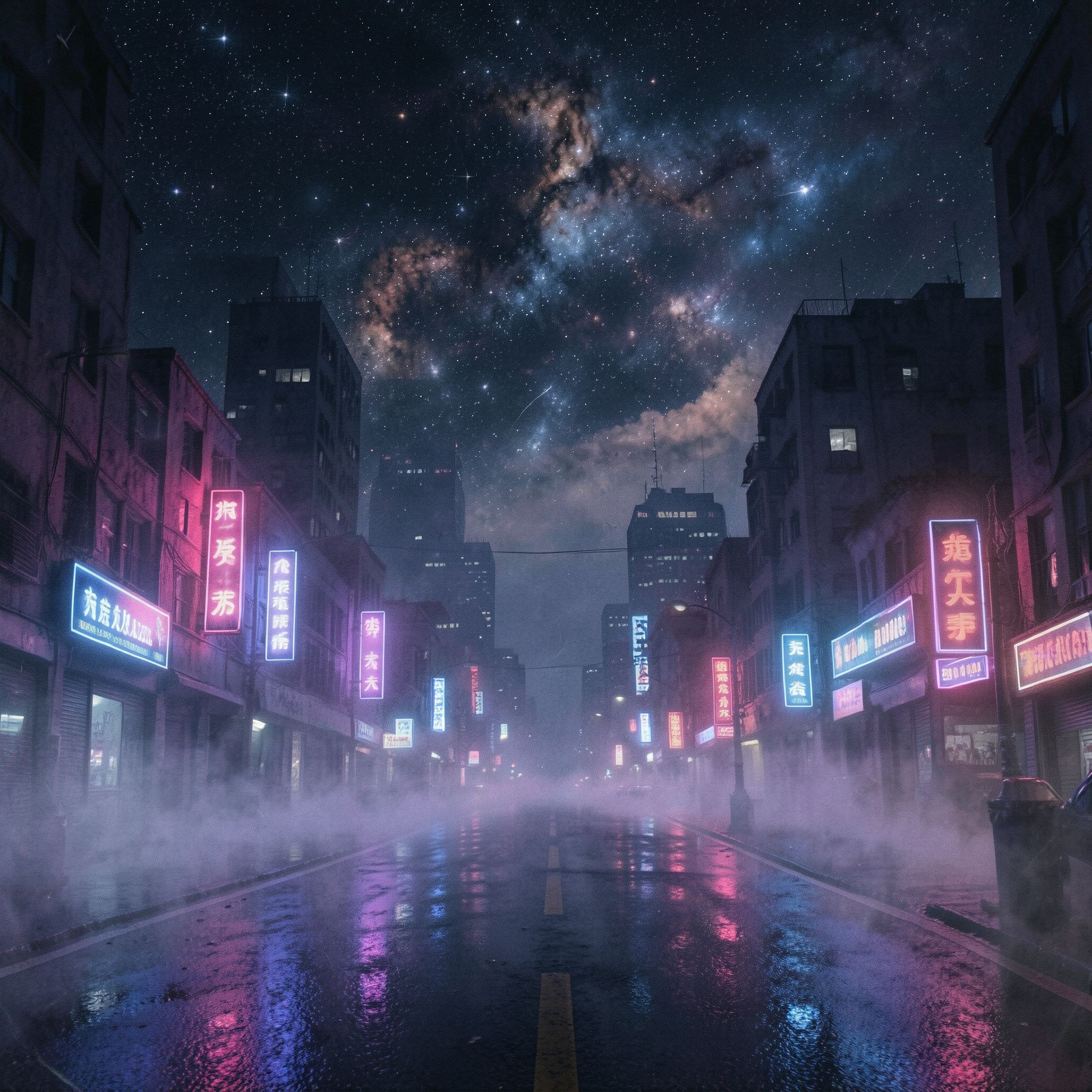A dark synthwave cinematic scene: an empty night road cutting through a futuristic noir city, glowing with deep neon lights in purple, blue, and crimson. Thick fog drifts across the street, reflecting neon signs and distant skyscrapers. Above the city, the night sky opens into a surreal cosmic view — stars, nebula clouds, and faint galaxies blending into the urban skyline. The atmosphere is mysterious, epic, and cinematic, mixing cyberpunk noir with cosmic fantasy. High contrast lighting, dramatic perspective, wide-angle shot, neon reflections on wet asphalt, volumetric fog, deep shadows, subtle film grain, retro-futuristic color palette, epic dark mood, like a scene from a sci-fi movie.