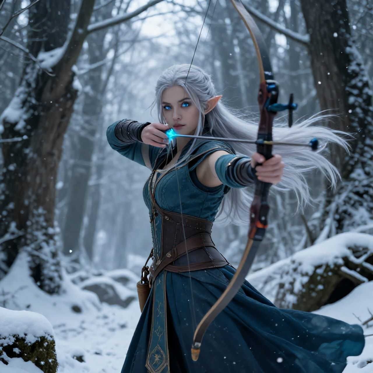 mystical young woman elf with silver hair and glowing blue eyes stands amidst an ancient, snow-laden forest, elven archer
