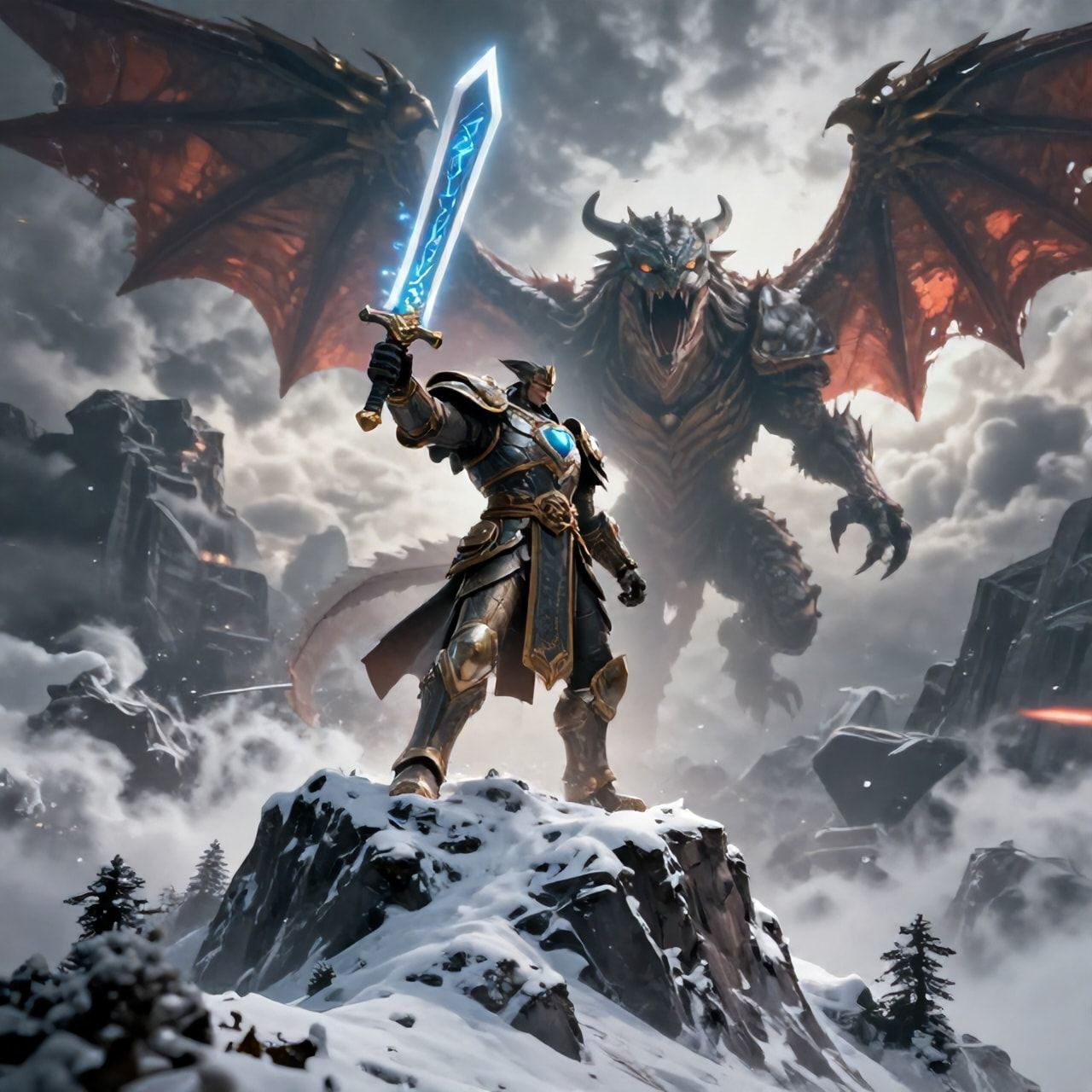 A towering, armored warrior stands atop a snow-capped peak, wielding a glowing rune-etched blade as a colossal, scaled beast descends from storm-wracked skies, its wings casting jagged shadows over...