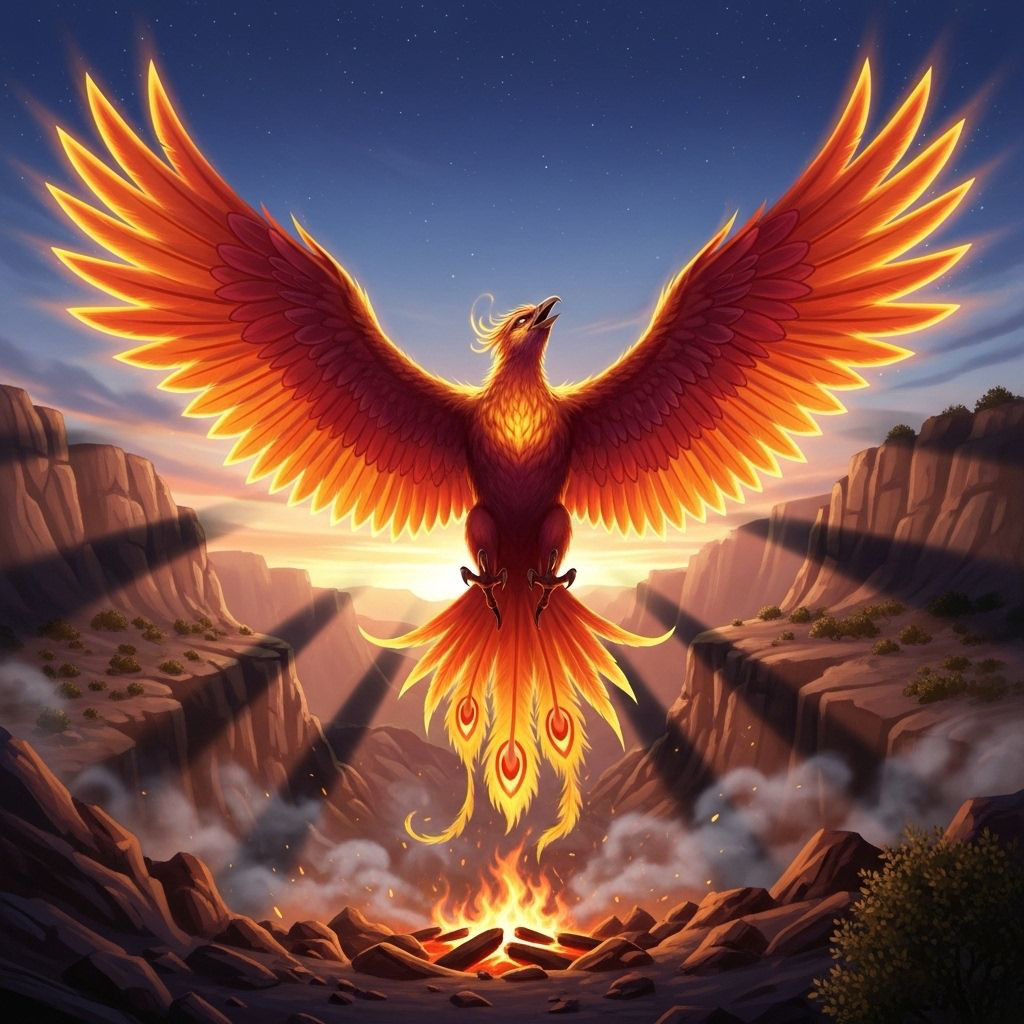 A radiant phoenix, its feathers glowing with molten gold and deep crimson, rises majestically from a smoldering pyre in a rugged, sun-baked canyon at twilight, its vast wings casting long, dramatic...