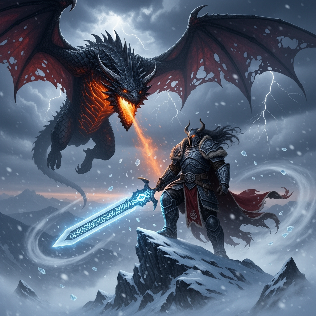 A towering, armored warrior stands atop a snow-capped peak, wielding a glowing rune-etched blade as a colossal, scaled beast descends from storm-wracked skies, its wings casting jagged shadows over...