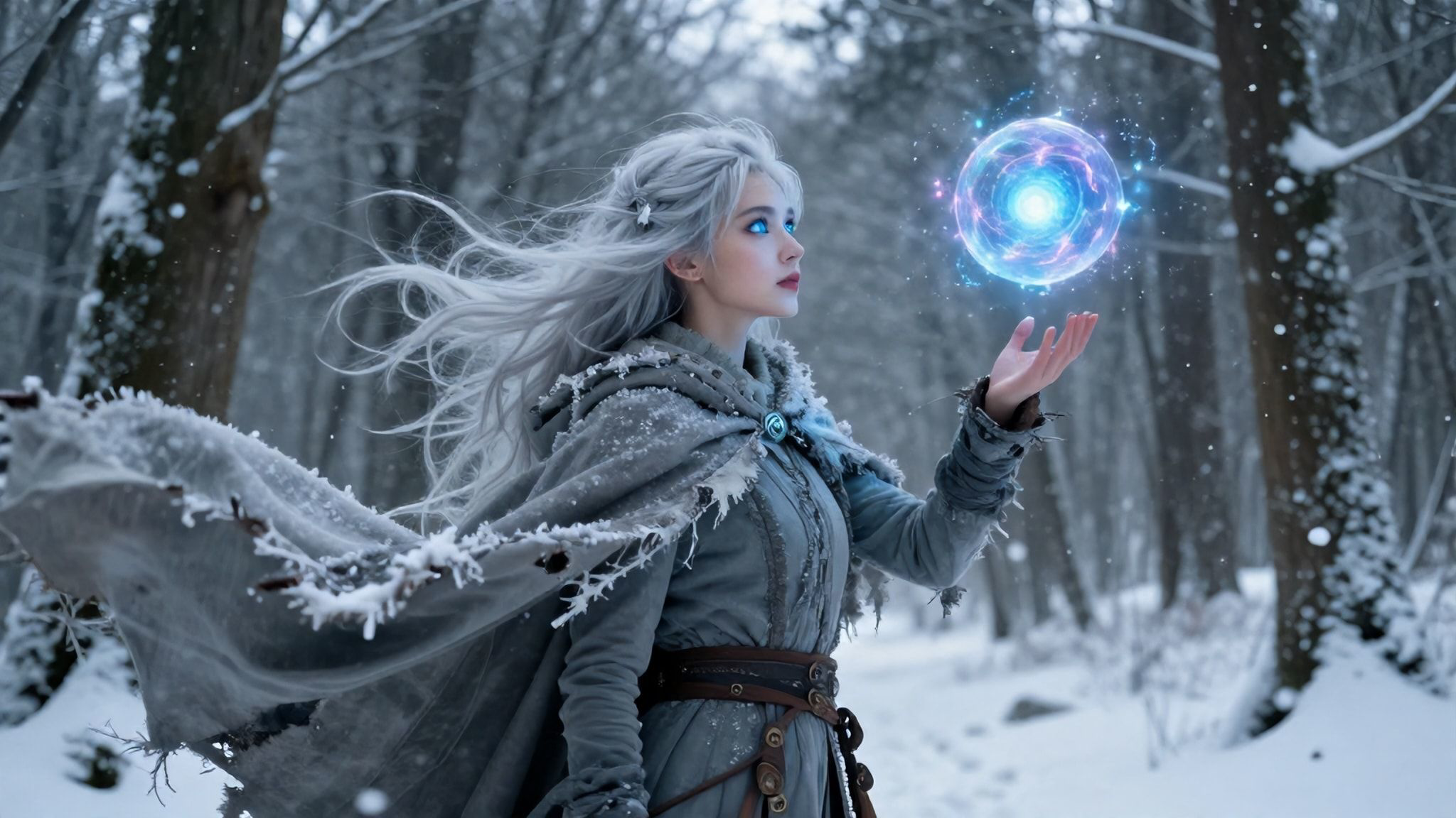 A mystical young woman with silver hair and glowing blue eyes stands amidst an ancient, snow-laden forest, her tattered cloak billowing in the icy wind as she gazes at a floating orb of ethereal li...