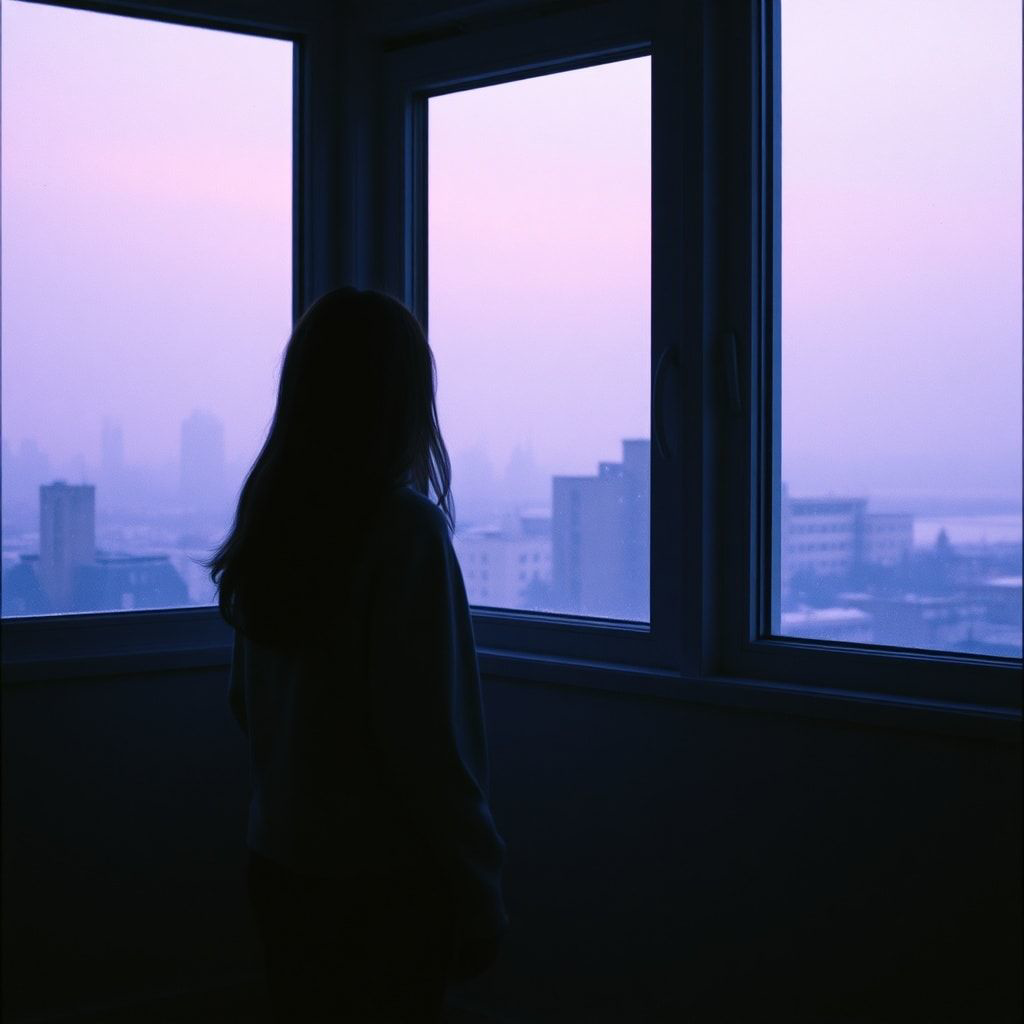 A girl stands inside a quiet room, facing away, looking out through a window. Outside, a foggy February winter unfolds — light snowfall drifts slowly through the air, and the sky glows with soft violet and muted purple tones. The city beyond the glass feels distant and blurred by mist. Cold winter light enters the room gently, casting subtle shadows. The atmosphere is calm, introspective, and emotional, capturing a moment of stillness and inner change. Cinematic composition, soft diffused lighting, shallow depth of field, cool color palette with violet accents, misty winter mood, realistic textures, gentle film grain, intimate and poetic atmosphere, like a scene from a quiet winter film.