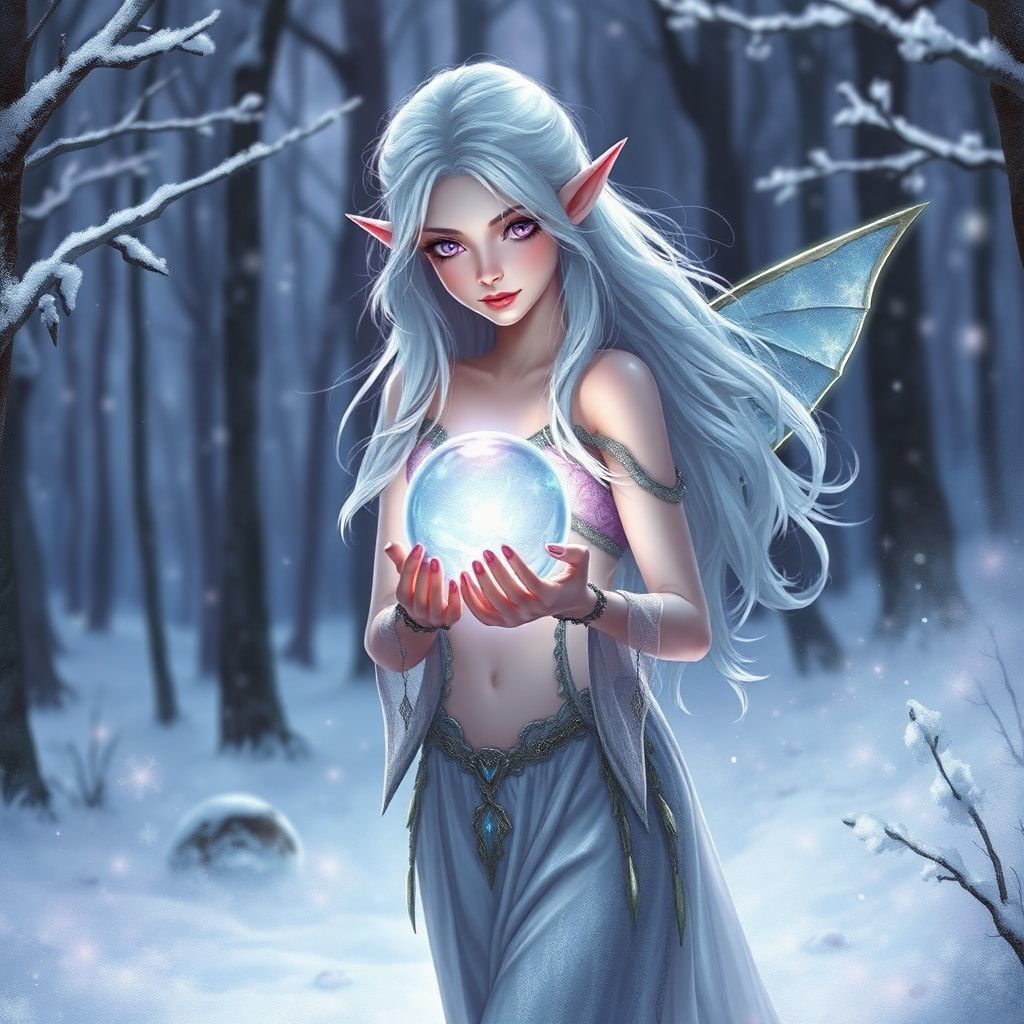 A delicate elven maiden with silver hair and luminous violet eyes stands poised in a frost-kissed enchanted forest, her breath visible in the crisp air as she gently cradles a glowing crystal orb. ...