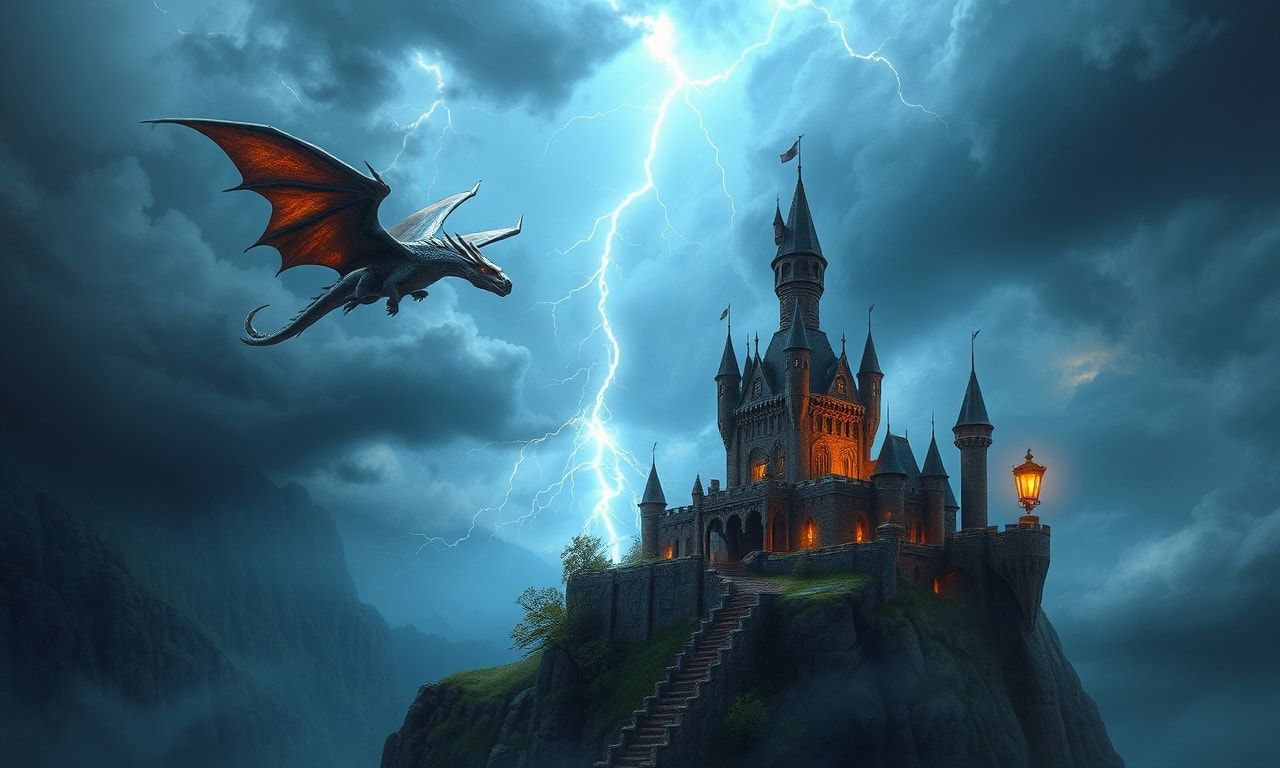 A lone elven arMajestic dragon flying over a medieval fantasy castle on a cliff, storm clouds, lightning, epic scale, dramatic lighting, digital fantasy painting