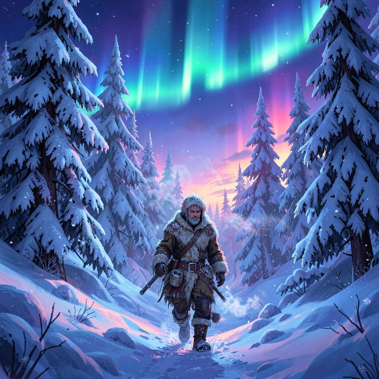 A lone frostbitten traveler in tattered furs trudges through a snow-laden forest at dusk, their breath visible in the crisp air, as ethereal auroras dance above towering ice-covered pines, casting ...