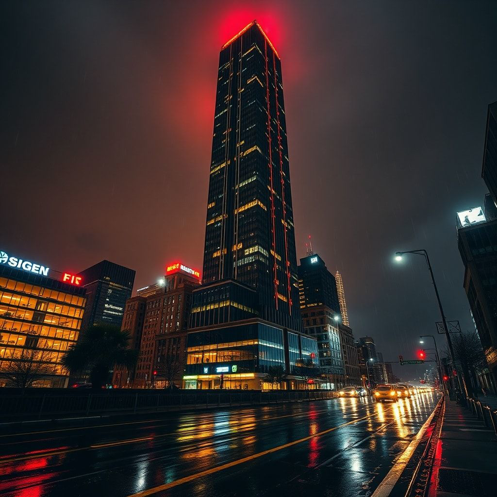 A towering skyscraper looms over a rain-slicked city at golden hour, its neon-lit windows casting jagged reflections on wet pavement, bathed in high-contrast noir lighting with deep shadows and a s...
