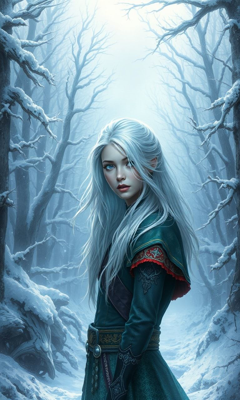 mystical young woman with silver hair and glowing blue eyes stands amidst an ancient, snow-laden forest