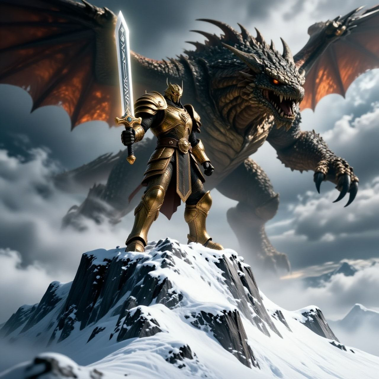 A towering, armored warrior stands atop a snow-capped peak, wielding a glowing rune-etched blade as a colossal, scaled beast descends from storm-wracked skies, its wings casting jagged shadows over...