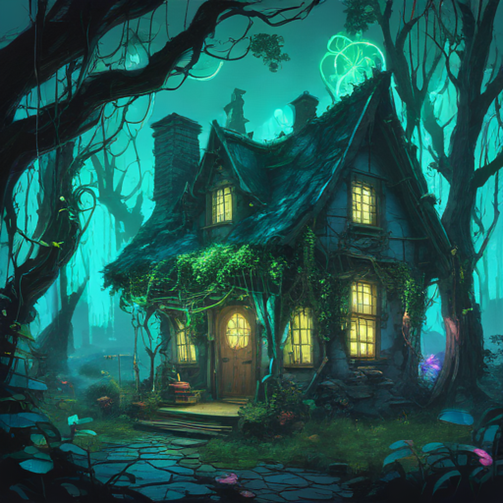 A dilapidated fairy tale cottage with glowing neon vines and flickering holographic mushrooms, nestled in a cyberpunk forest of towering bioluminescent trees, bathed in eerie blue-green neon light ...