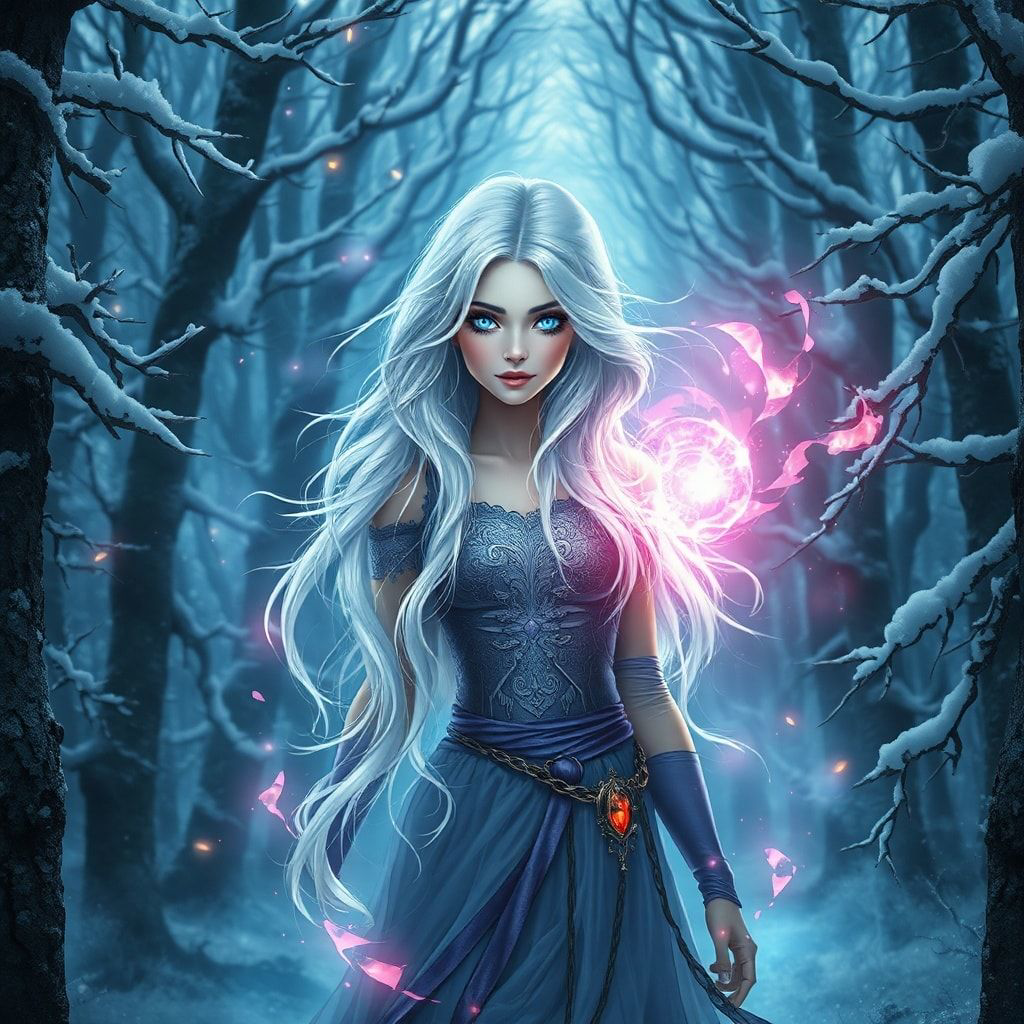 mystical young woman with silver hair and glowing blue eyes stands amidst an ancient, snow-laden forest, magical aura