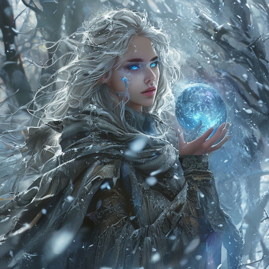 A mystical young woman with silver hair and glowing blue eyes stands amidst an ancient, snow-laden forest, her tattered cloak billowing in the icy wind as she gazes at a floating orb of ethereal li...