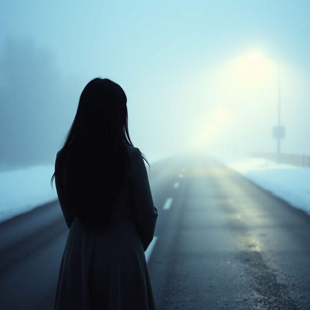 A girl with long black hair stands facing away, looking into the distance on a foggy road. The winter atmosphere feels cold and damp, like after a light rain. Thick February fog drifts across the empty road, reflecting soft, muted streetlight glow. The ground is slightly wet, adding subtle reflections. Pale blue and gray tones dominate the scene. The mood is quiet, melancholic, and cinematic, as if frozen in time. Cinematic composition, wide-angle shot, soft diffused lighting, shallow depth of field, realistic textures, gentle film grain, emotional winter atmosphere, like a scene from a slow, intimate film.