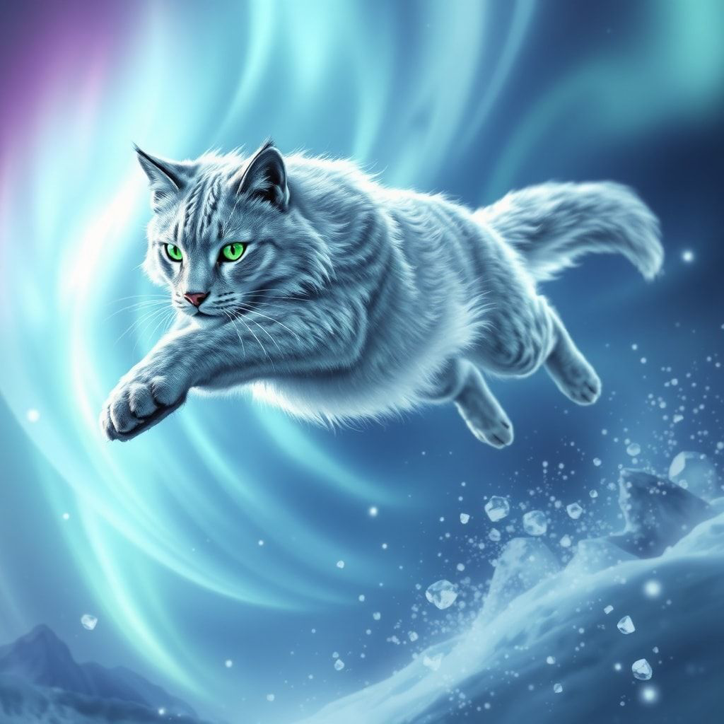 A majestic silver-furred feline with glowing emerald eyes leaps gracefully through a swirling aurora borealis, its tail trailing like a comet, surrounded by floating ice crystals and shimmering snow