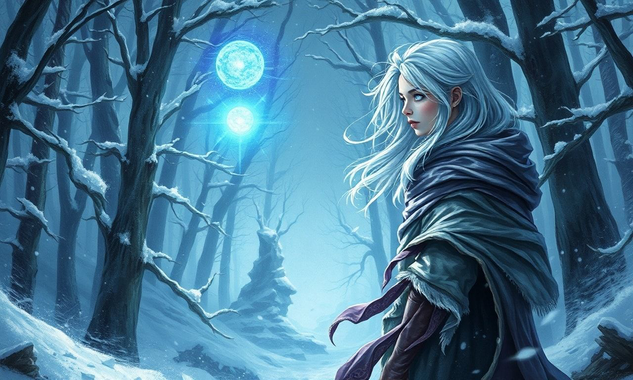 A mystical young woman with silver hair and glowing blue eyes stands amidst an ancient, snow-laden forest, her tattered cloak billowing in the icy wind as she gazes at a floating orb of ethereal li...