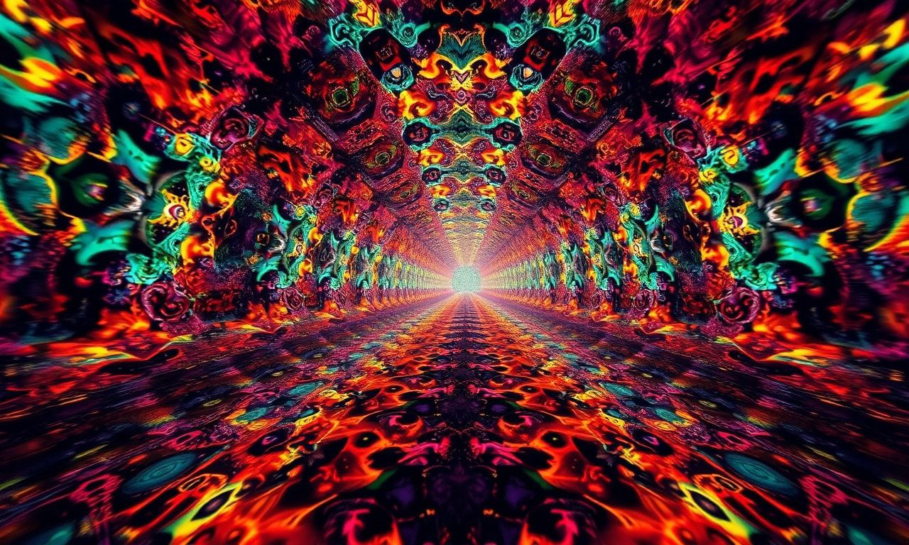 A surreal, kaleidoscopic tunnel of fractal patterns and vibrant hues, stretching infinitely into the distance, bathed in dramatic studio lighting with sharp focus on the foreground, creating a mesm...