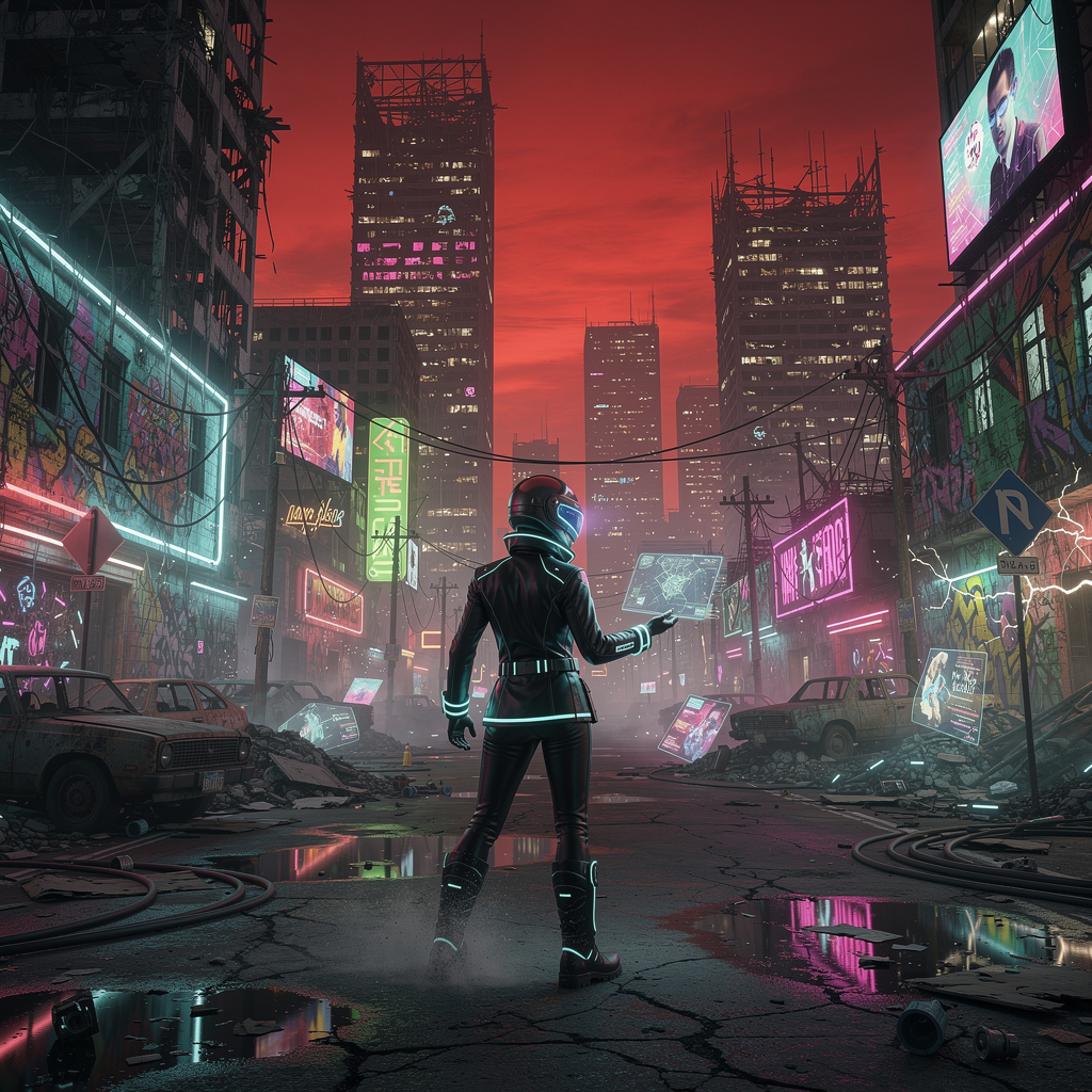 A vibrant, neon-lit wasteland under a blood-red sky, where skeletal skyscrapers glow with electric hues, graffiti-covered ruins pulse with psychedelic energy, and a lone figure in a retro-futuristi...