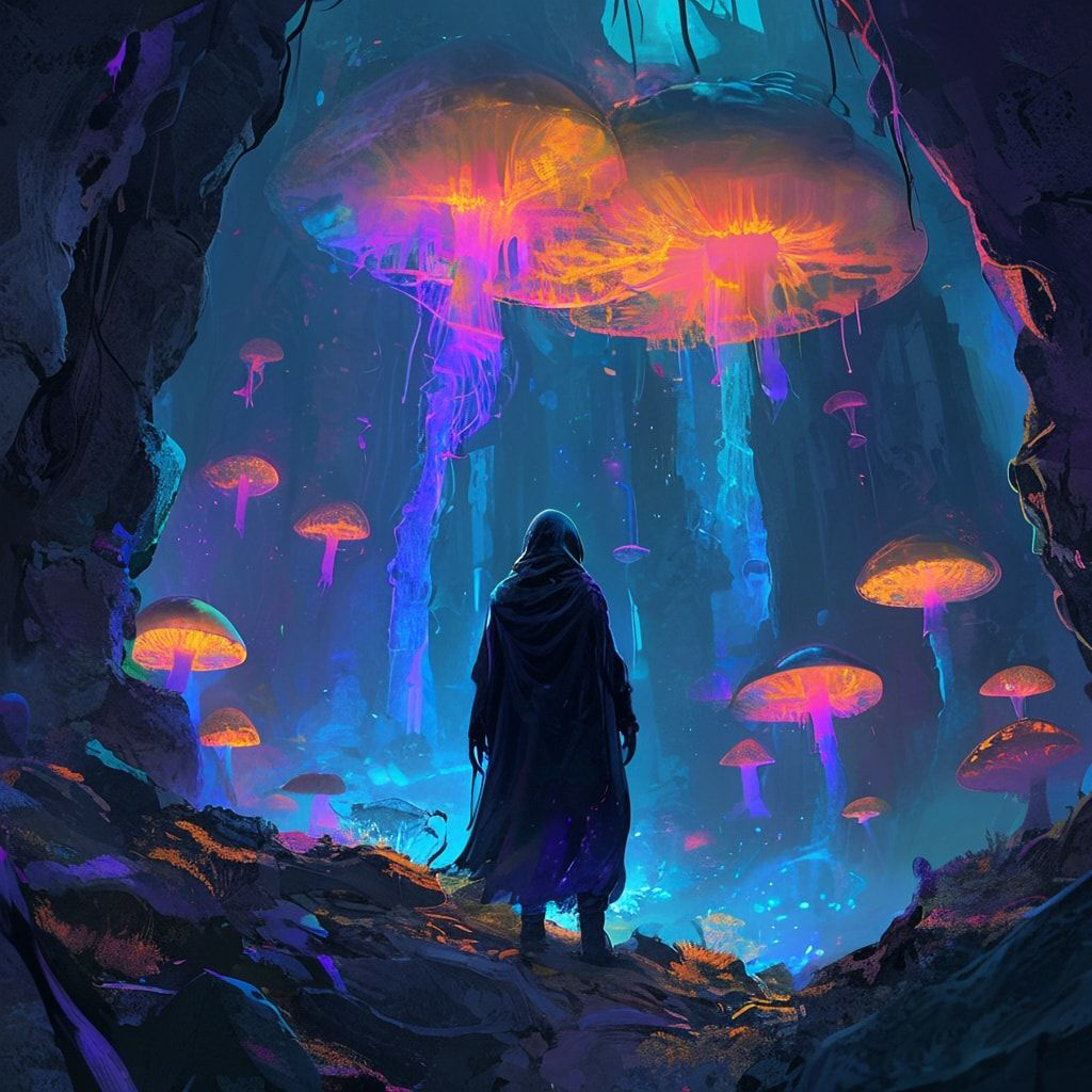 bioluminescent fungi pulse in the ruins below. A lone, hooded figure stands..