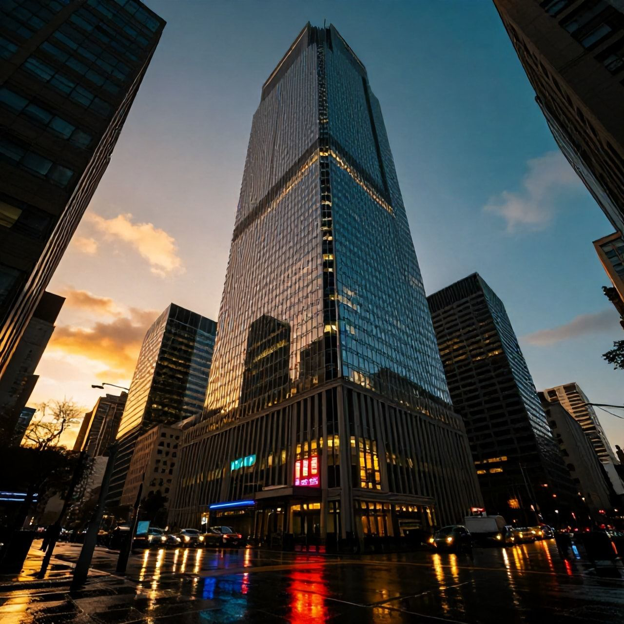 A towering skyscraper looms over a rain-slicked city at golden hour, its neon-lit windows casting jagged reflections on wet pavement, bathed in high-contrast noir lighting with deep shadows and a s...