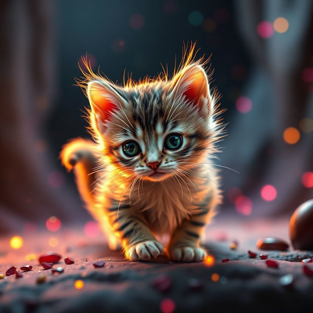 Tiny kitty, fantasy style, filmic score like