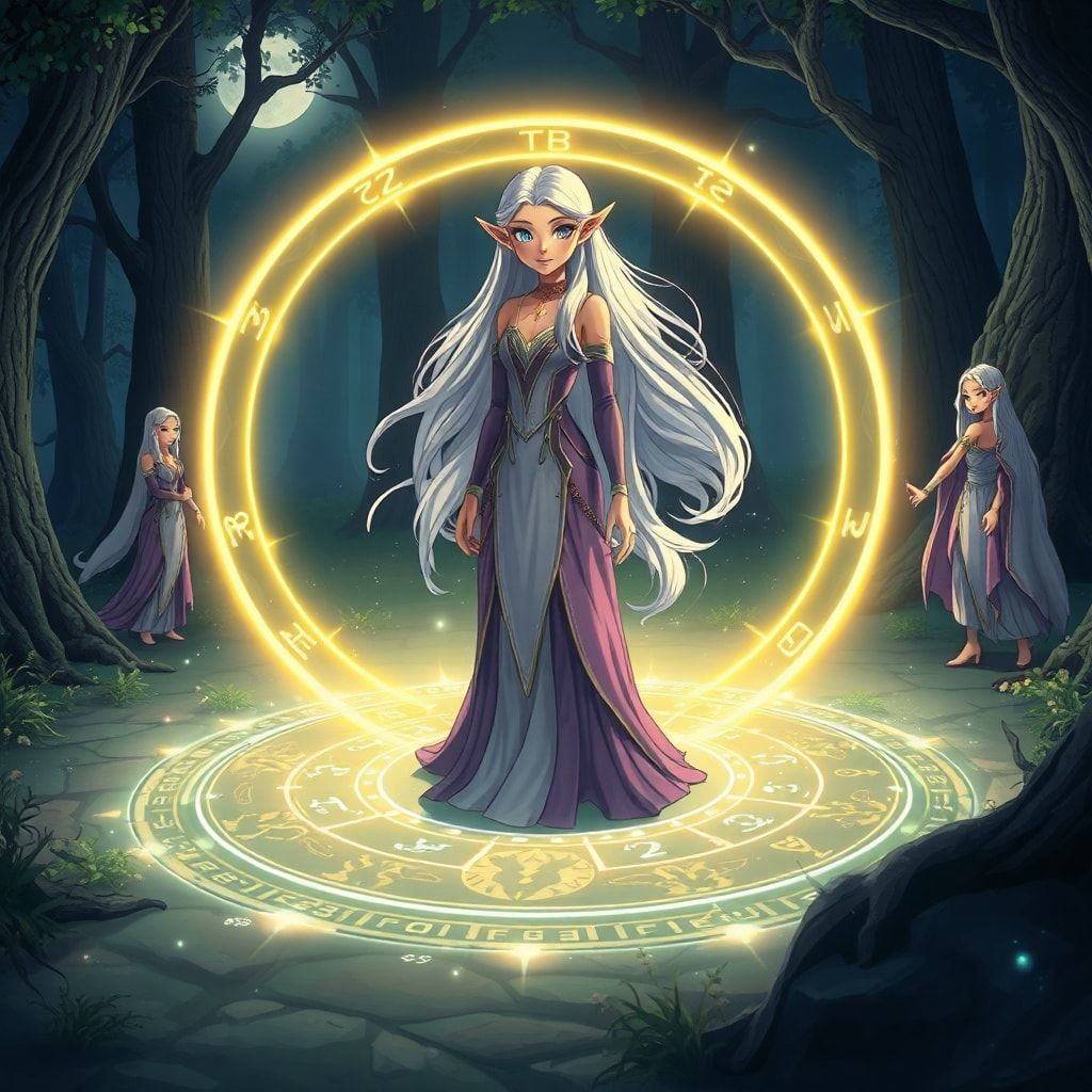 Elven magic circle ritual fantasy scene, beautiful elven maiden with long flowing silver hair standing inside a glowing magical circle, elegant elven woman in a flowing violet and silver dress with a serene expression, ancient runes and symbols forming a luminous circle on the ground, protective ward rising like a dome of light, other elven figures joining hands at the circle edge, sacred grove at night, soft moonlight and mystical particles, cinematic composition, cartoon style, anime art style, fantasy art style, mystical and protective mood, detailed and atmospheric, ethereal beauty, animated style, vibrant colors, cartoon style