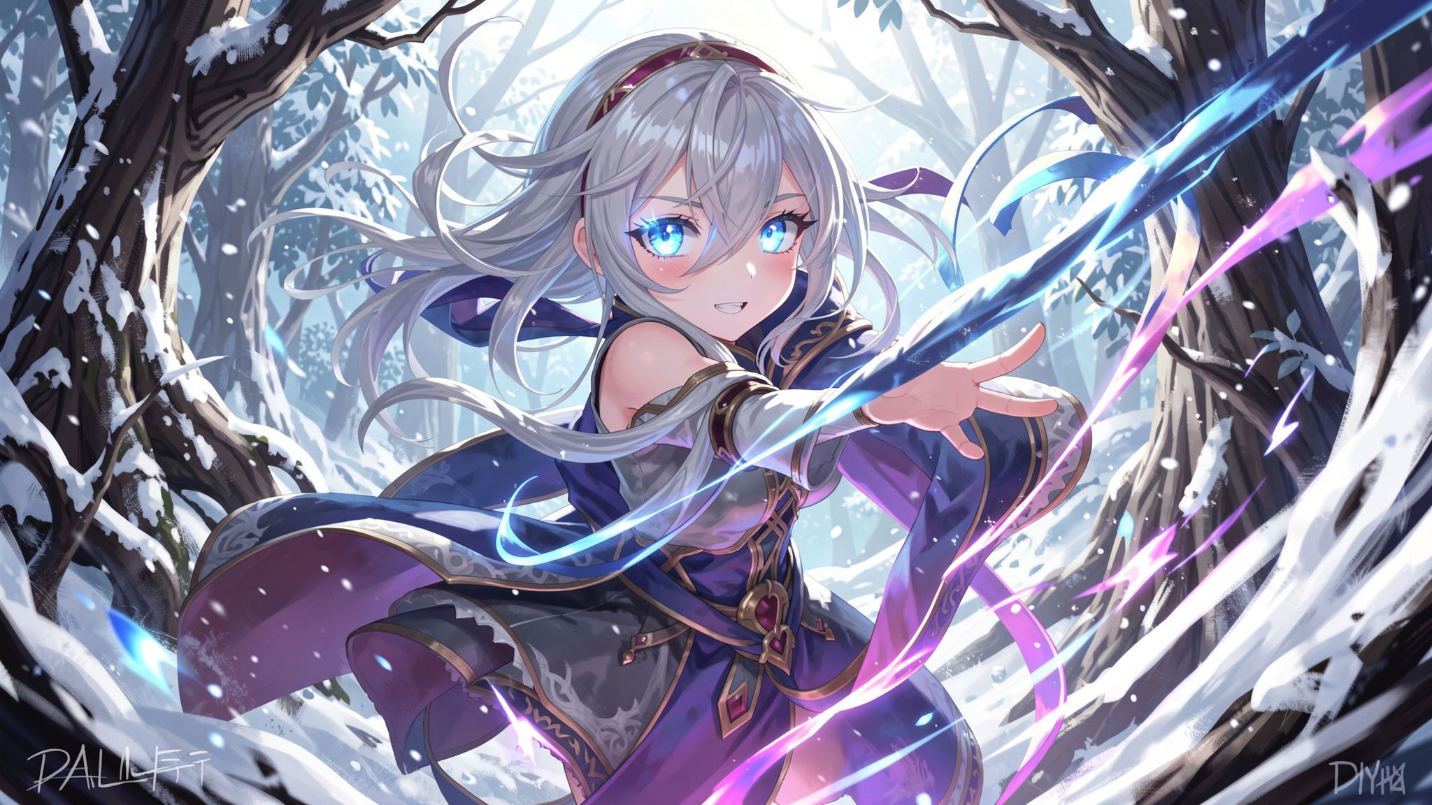 mystical young woman with silver hair and glowing blue eyes stands amidst an ancient, snow-laden forest