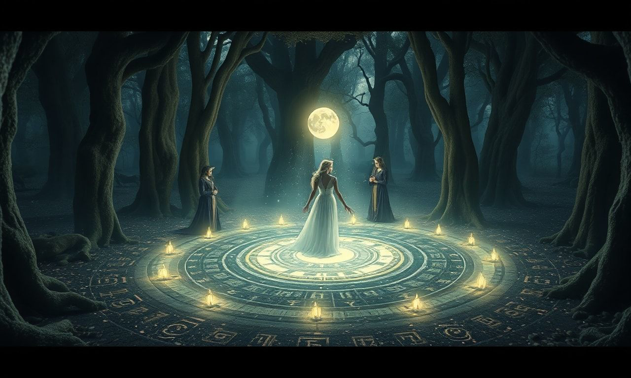 Cinematic elven magic circle ritual fantasy video, slow panning around a sacred grove where an elegant elven maiden and companions form a glowing magic circle, runes and wards rising in the air, gentle camera movements and smooth transitions, soft light particles and dome of protection, moonlight through ancient trees, ritual and protective atmosphere, fantasy aesthetic, peaceful and mystical mood, high quality visual effects, dreamlike composition