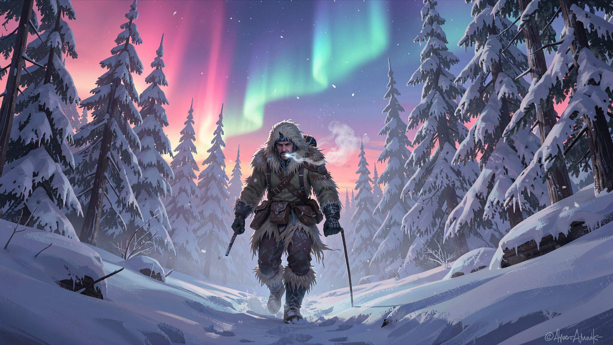 A lone frostbitten traveler in tattered furs trudges through a snow-laden forest at dusk, their breath visible in the crisp air, as ethereal auroras dance above towering ice-covered pines, casting ...