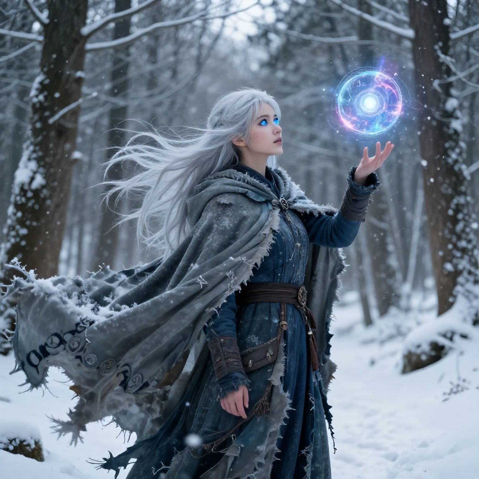 A mystical young woman with silver hair and glowing blue eyes stands amidst an ancient, snow-laden forest, her tattered cloak billowing in the icy wind as she gazes at a floating orb of ethereal li...