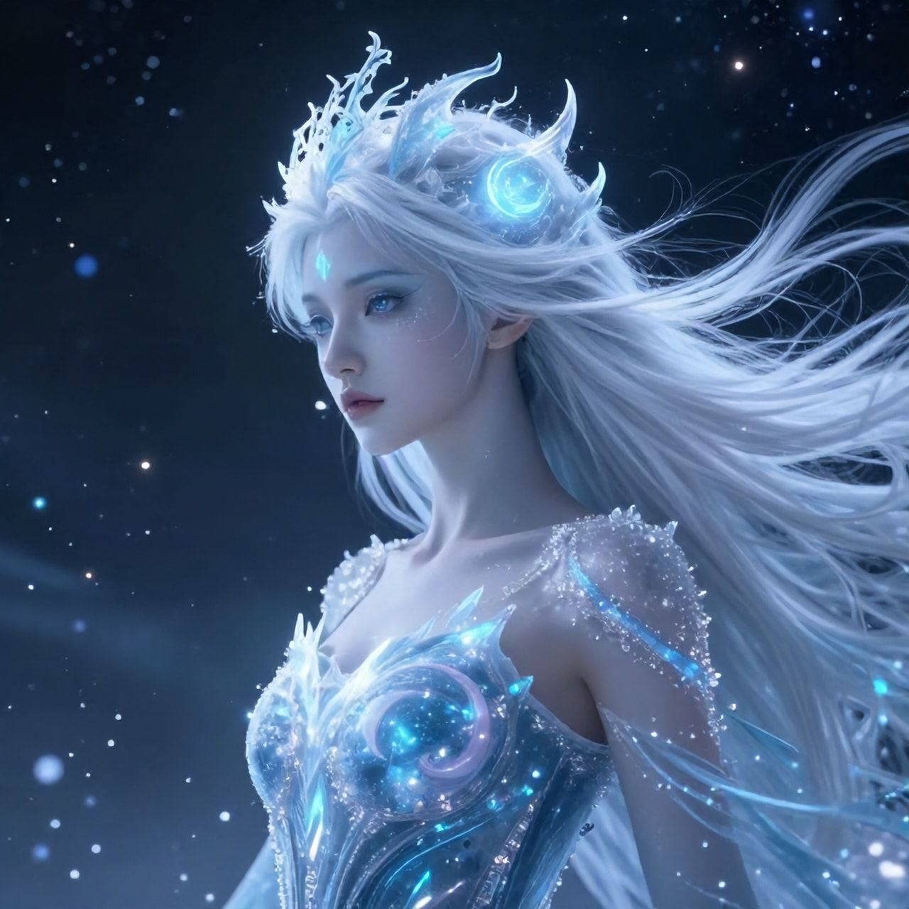 ethereal frozen oracle girl, pale icy skin, white-silver hair, luminous moon sigil, frost particles, cosmic silence, cinematic ultra-detailed