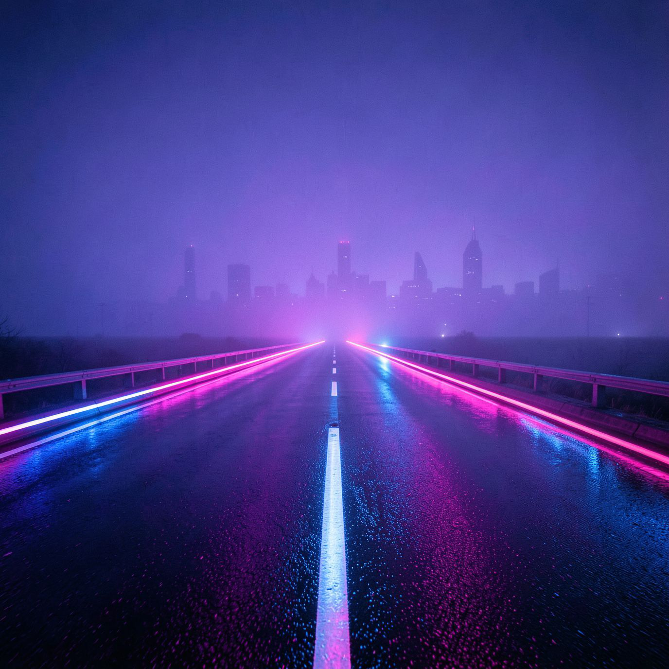 A cinematic synthwave scene at night: a long, empty futuristic road dominates the foreground, glowing with neon pink and electric blue light. Wet asphalt reflects the neon glow, creating strong symmetrical reflections and a sense of motion and depth. In the far distance, a futuristic city skyline is barely visible through thick violet-blue fog, reduced to soft silhouettes with no visible details. The focus is entirely on the road and atmosphere, not the buildings. The mood is lonely, epic, and retro-futuristic, inspired by synthwave aesthetics. 80s cyberpunk mood, neon haze, minimal city presence, wide-angle perspective, cinematic lighting, retro-futurism, ultra-detailed, high contrast, album cover, 4K, no text, no signs, no billboards, no letters, no symbols, no logos.