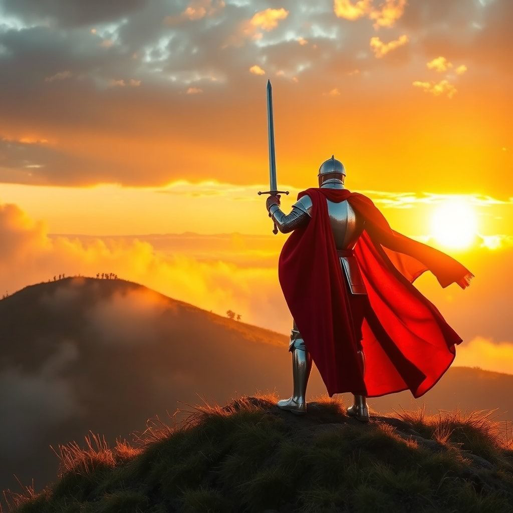 A lone knight in polished silver armor stands atop a misty hill at dawn, his sword gleaming as golden sunlight breaks through the clouds, casting long dramatic shadows. The wind rustles his crimson...
