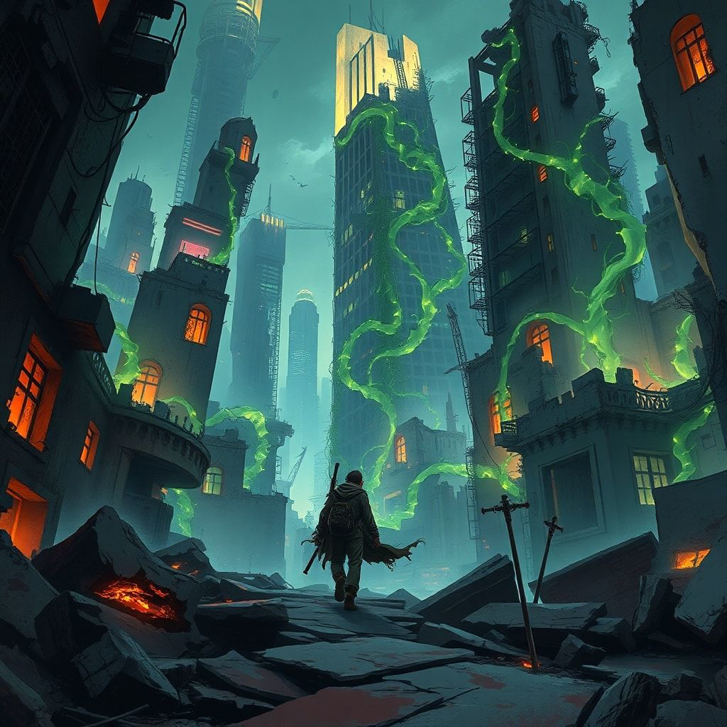 A solitary traveler in a frayed, oil-stained duster trudges through the ruins of a forgotten metropolis, its crumbling skyscrapers choked by bioluminescent vines that pulse with an eerie glow under...