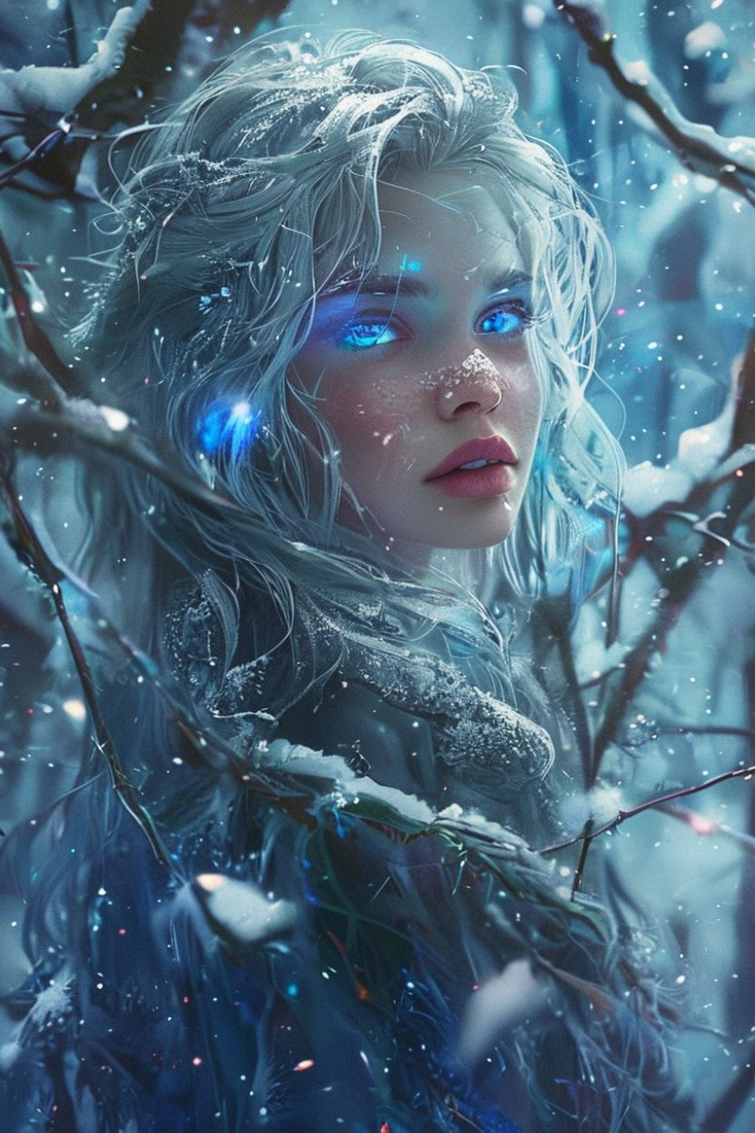 mystical young woman with silver hair and glowing blue eyes stands amidst an ancient, snow-laden forest