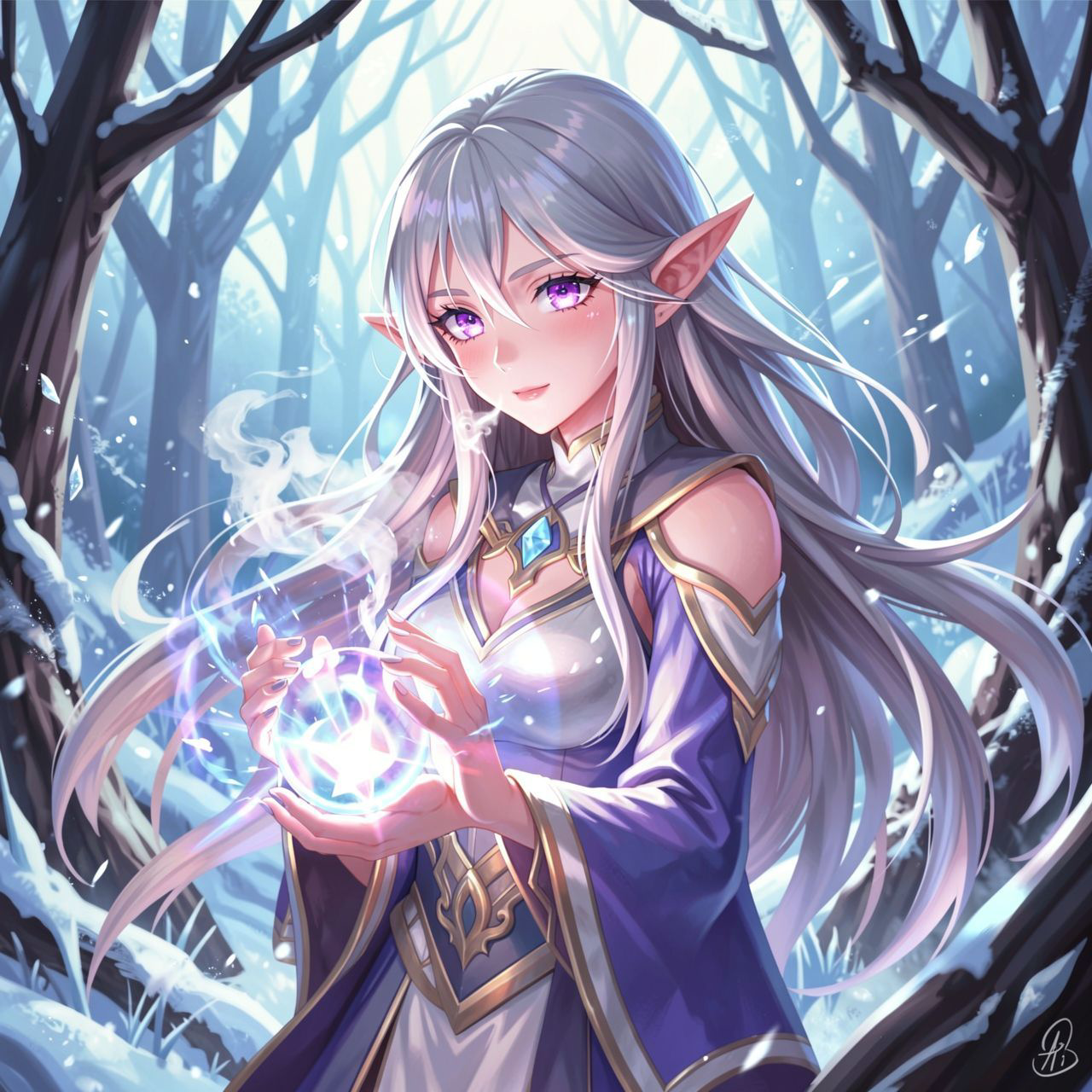A delicate elven maiden with silver hair and luminous violet eyes stands poised in a frost-kissed enchanted forest, her breath visible in the crisp air as she gently cradles a glowing crystal orb. ...