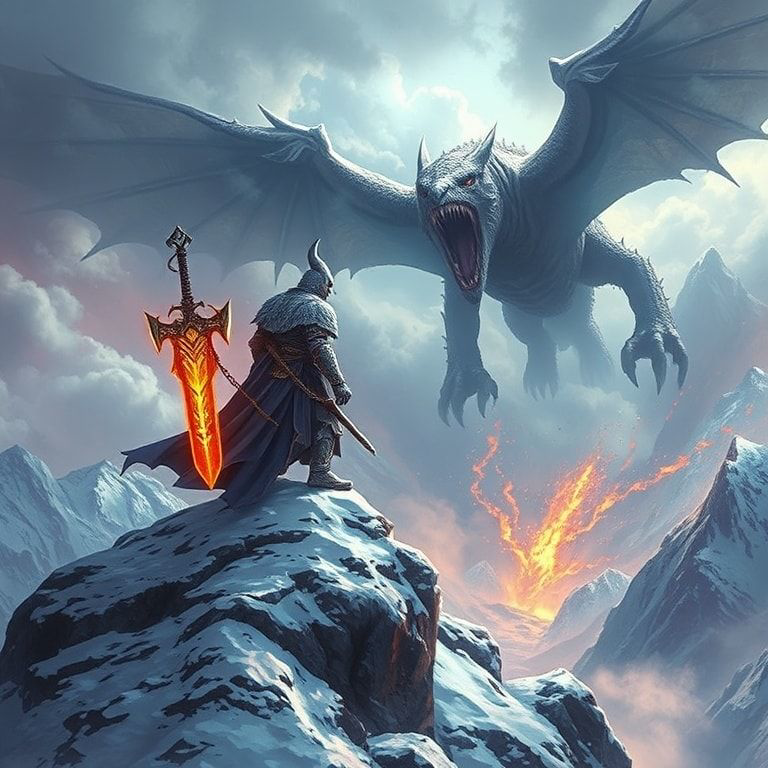 A towering, armored warrior stands atop a snow-capped peak, wielding a glowing rune-etched blade as a colossal, scaled beast descends from storm-wracked skies, its wings casting jagged shadows over...