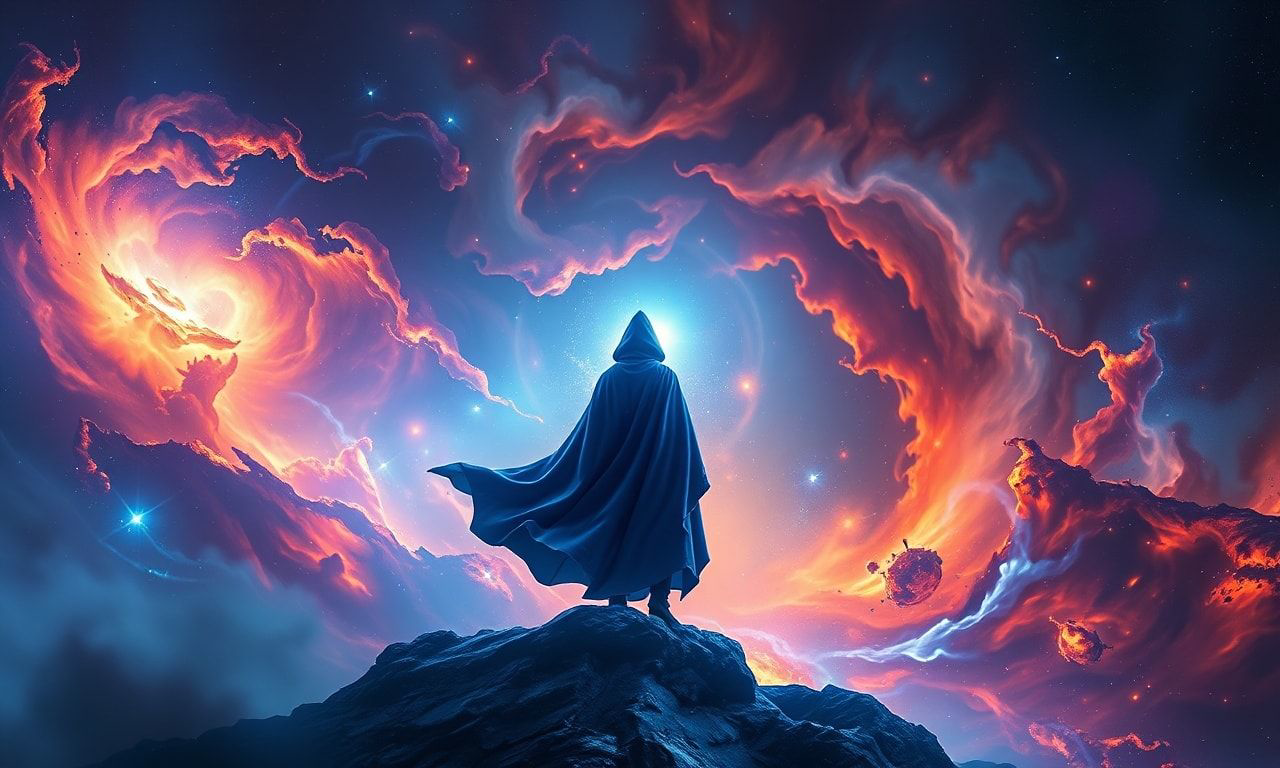 A solitary figure in a deep blue cloak stands at the edge of a swirling nebula, their form illuminated by the ethereal glow of cosmic energy, surrounded by a storm of fractal light and dark matter,...