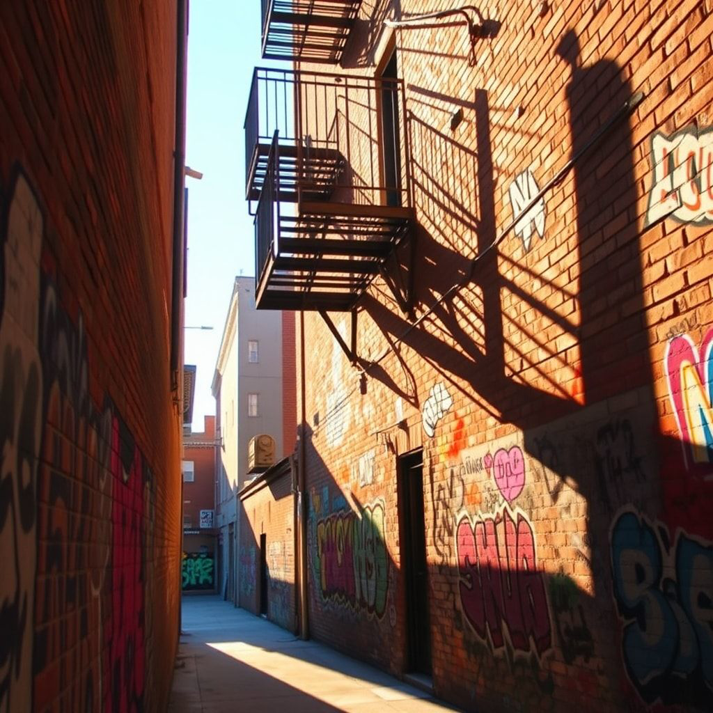 A narrow, sun-drenched alleyway bathed in golden hour light, vibrant street art covering weathered brick walls, casting long shadows from a fire escape, warm tones contrasting with cool graffiti hu...