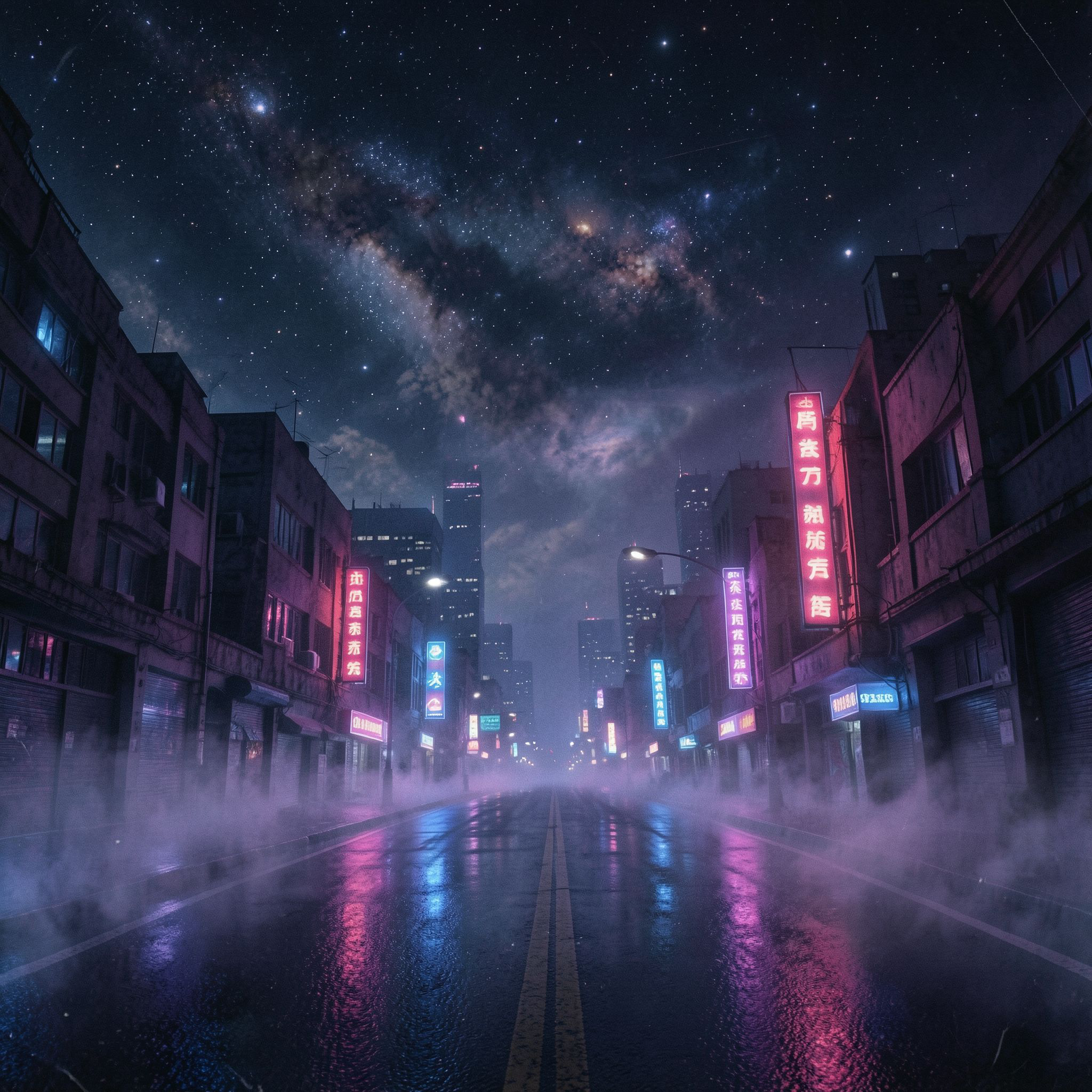 A dark synthwave cinematic scene: an empty night road cutting through a futuristic noir city, glowing with deep neon lights in purple, blue, and crimson. Thick fog drifts across the street, reflecting neon signs and distant skyscrapers. Above the city, the night sky opens into a surreal cosmic view — stars, nebula clouds, and faint galaxies blending into the urban skyline. The atmosphere is mysterious, epic, and cinematic, mixing cyberpunk noir with cosmic fantasy. High contrast lighting, dramatic perspective, wide-angle shot, neon reflections on wet asphalt, volumetric fog, deep shadows, subtle film grain, retro-futuristic color palette, epic dark mood, like a scene from a sci-fi movie.