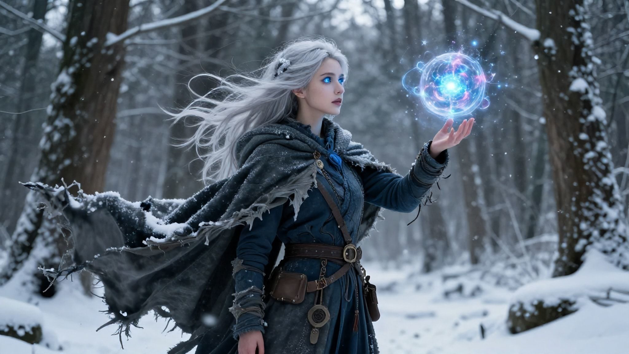 A mystical young woman with silver hair and glowing blue eyes stands amidst an ancient, snow-laden forest, her tattered cloak billowing in the icy wind as she gazes at a floating orb of ethereal li...