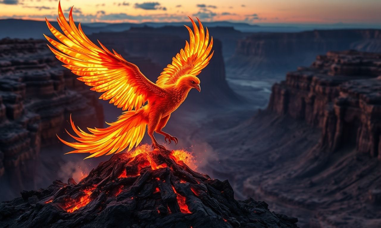 A majestic phoenix, its iridescent plumage shimmering in golden and crimson flames, ascends gracefully from a smoldering ash mound in a vast, windswept canyon at dusk, its wings casting dramatic si...