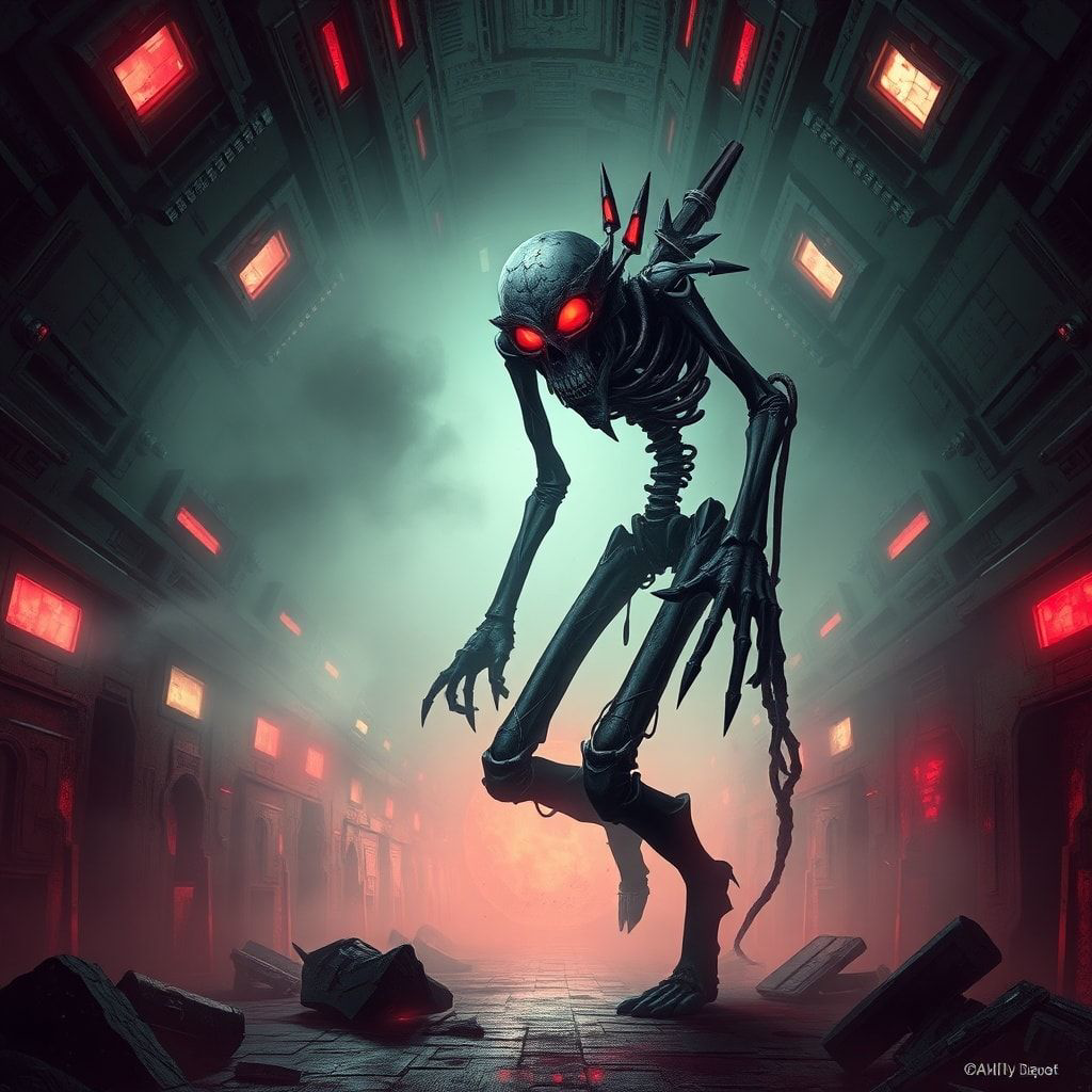 A towering, otherworldly figure with elongated limbs and a skeletal face, Dalik strides through the eerie, fog-shrouded corridors of a derelict spaceship, his glowing red eyes scanning the shadows....