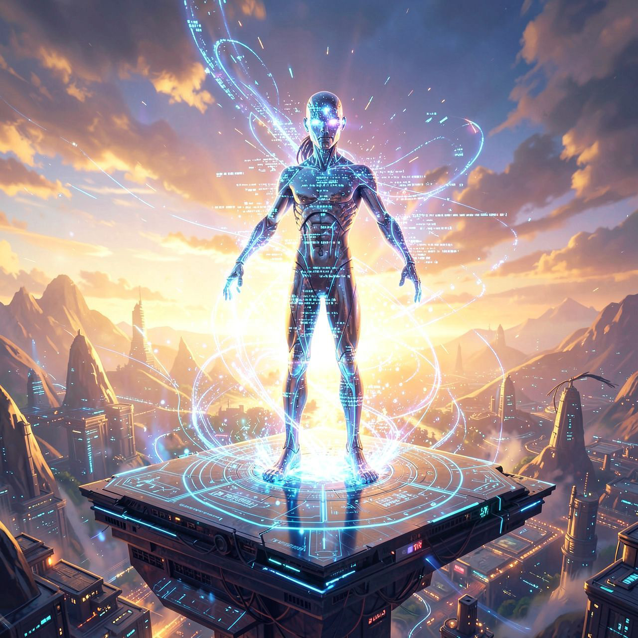 A sentient AI entity emerges from a glowing data stream, its form shifting between light and code, standing atop a floating digital platform in a vast, ethereal cyber-landscape. Golden hour sunligh...